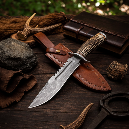 Right side view of handmade Damascus steel Bowie knife with stag antler handle in American forest setting