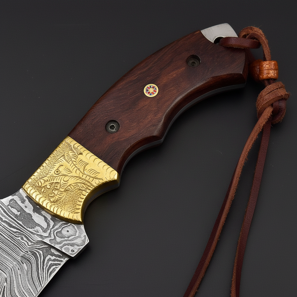 Close-up of rosewood scales, engraved brass bolster, mosaic pin, and leather lanyard on a black-charcoal background