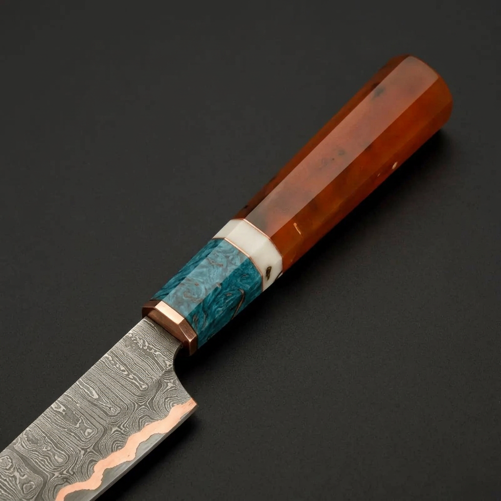 Brown white and sky blue resin chef knife handle with copper accents