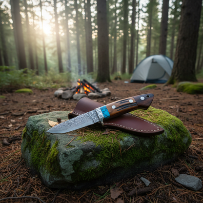 Damascus drop-point hunting knife with wood handle and brown leather sheath on mossy green forest rocks