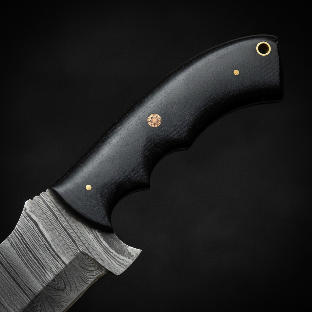 Close-up of smooth black micarta handle with brass pins and unique mosaic pin detail on black charcoal background