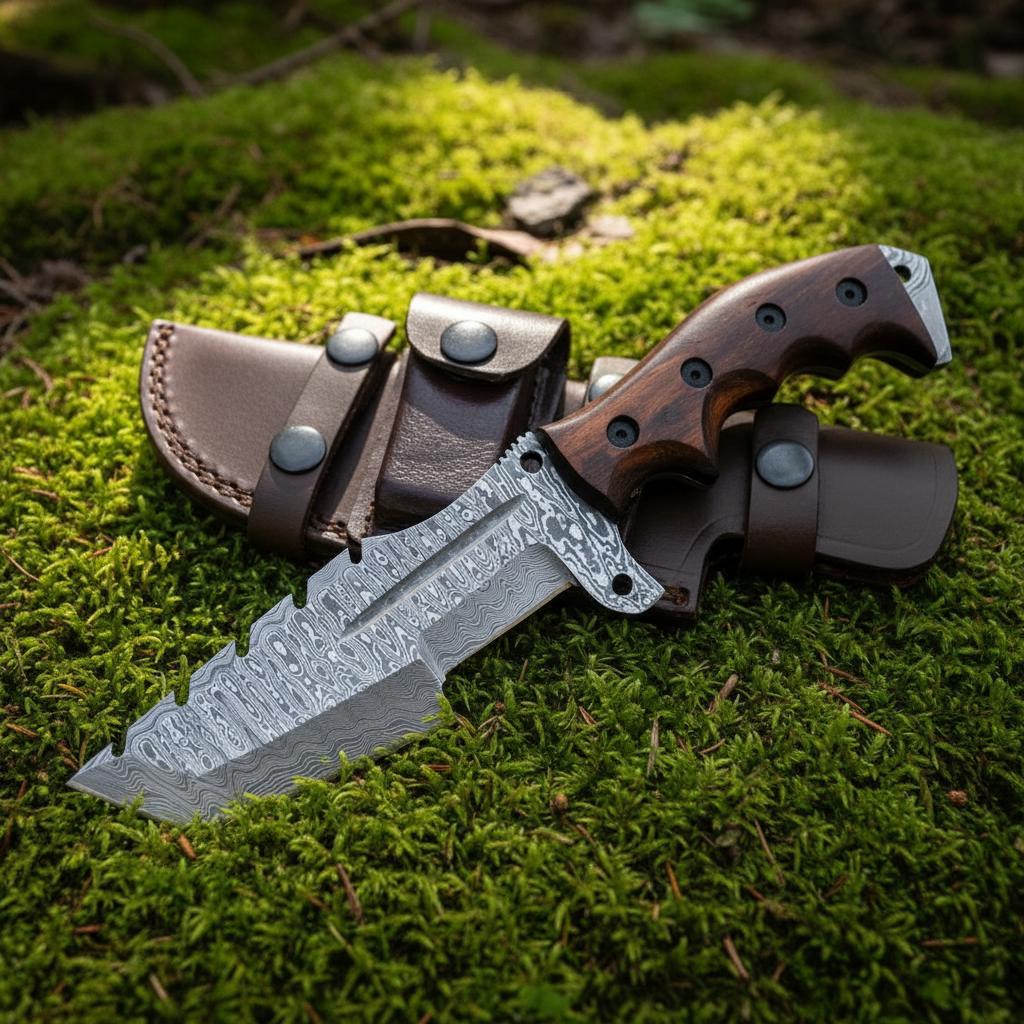 Damascus tanto tracker knife and dark brown leather sheath resting on green forest moss