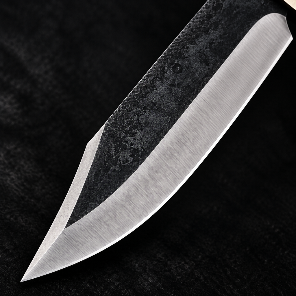 Extreme close-up of brut de forge carbon steel Bowie blade black forge flat and polished satin bevel on deep black charcoal background