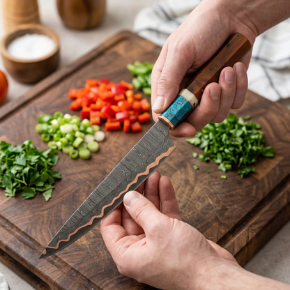 Hands holding copper Damascus chef knife above a kitchen cutting board