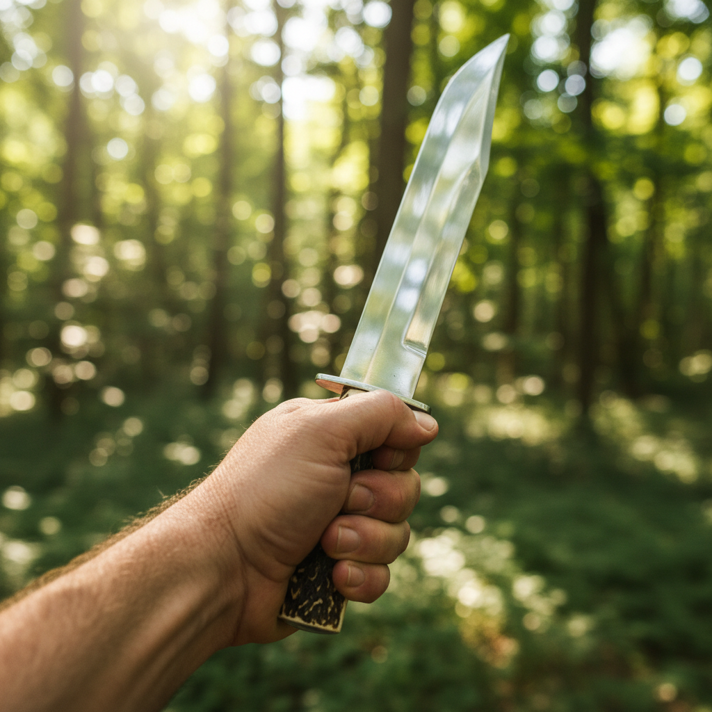 Rugged hand gripping D2 steel classic Bowie knife stag antler handle steel crossguard dynamic outdoor grip pose forest bokeh