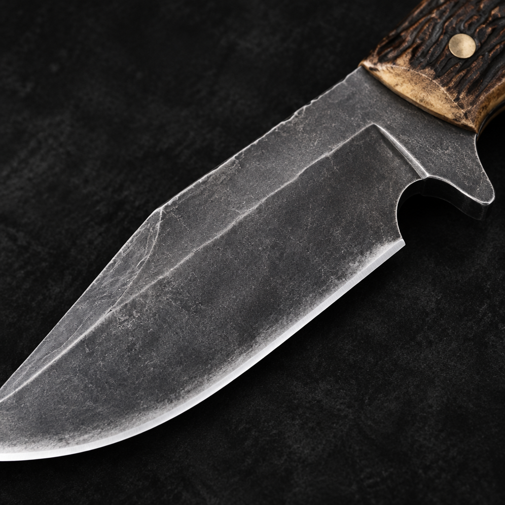 Extreme close-up of carbon steel boar Bowie knife blade stone-washed wide belly on deep black charcoal background