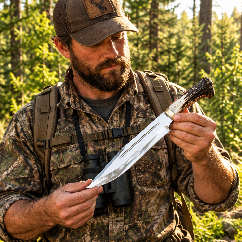 Rugged bearded outdoorsman in bright forest holding handmade D2 steel Bowie hunting knife stag horn handle face visible outdoor lifestyle
