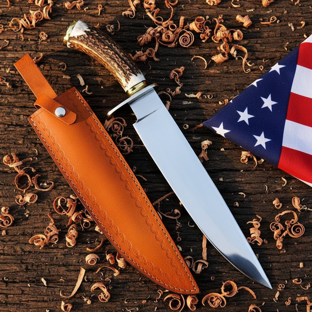Handmade carbon steel Bowie knife stag antler handle hero shot on rustic dark wood with American USA flag plain tan sheath