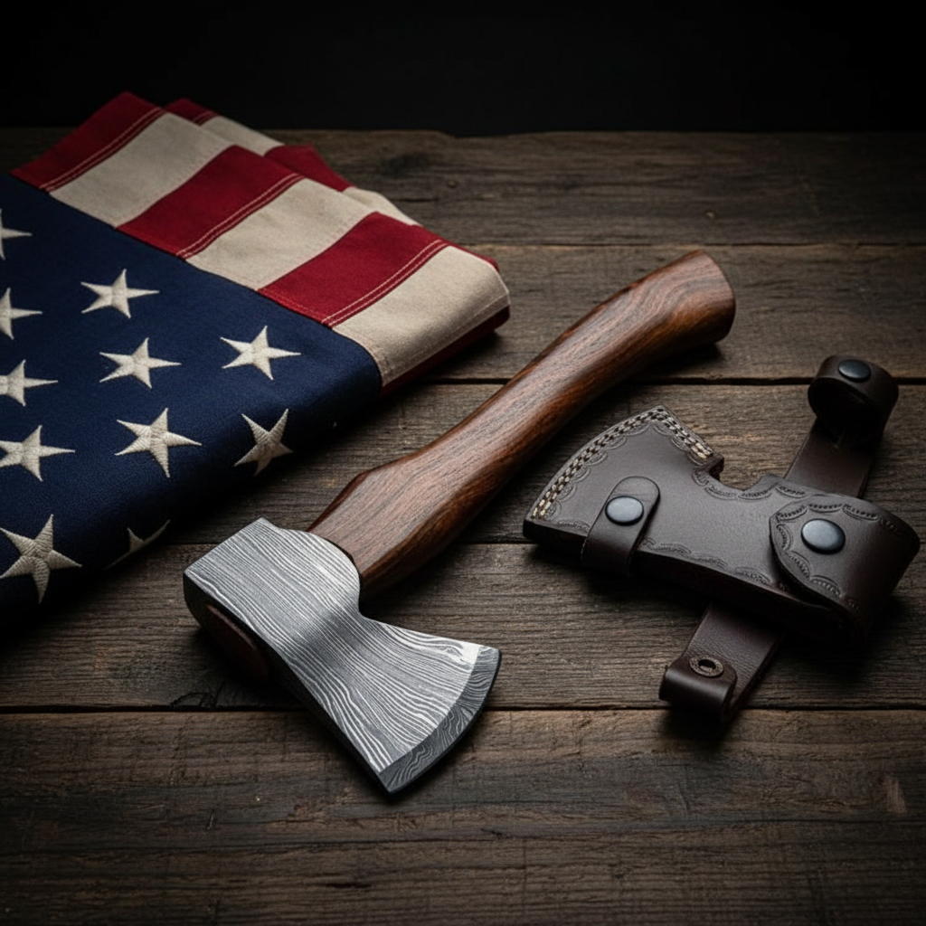 Handmade Damascus bearded axe displayed beside American USA flag, patriotic collector display