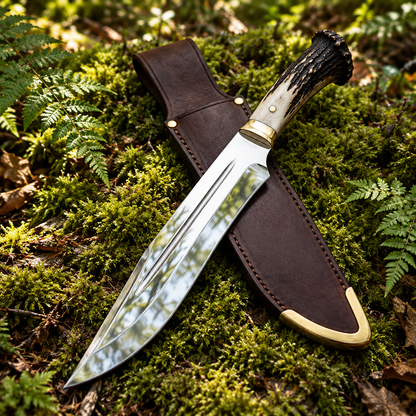 Handmade D2 steel Bowie hunting knife stag horn handle and dark brown leather sheath on thick green forest moss natural outdoor