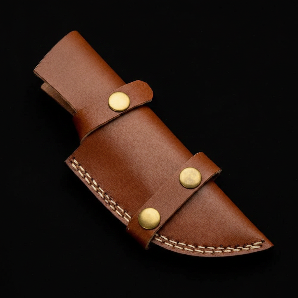 Genuine leather horizontal knife sheath with brass snap buttons at diagonal angle on deep black charcoal background