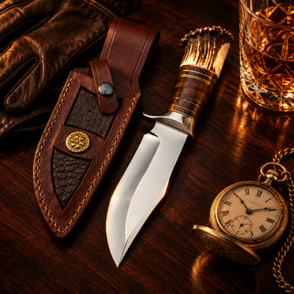 Handmade D2 steel hunting knife stacked leather handle luxury cinematic editorial with pocket watch leather gloves and whiskey glass
