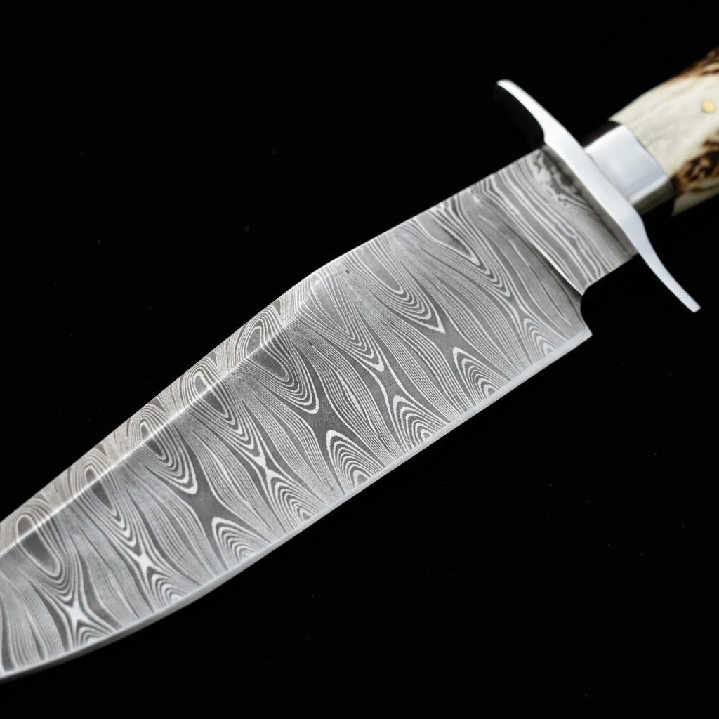 Extreme close up of Damascus steel Bowie knife blade showing intricate layered pattern