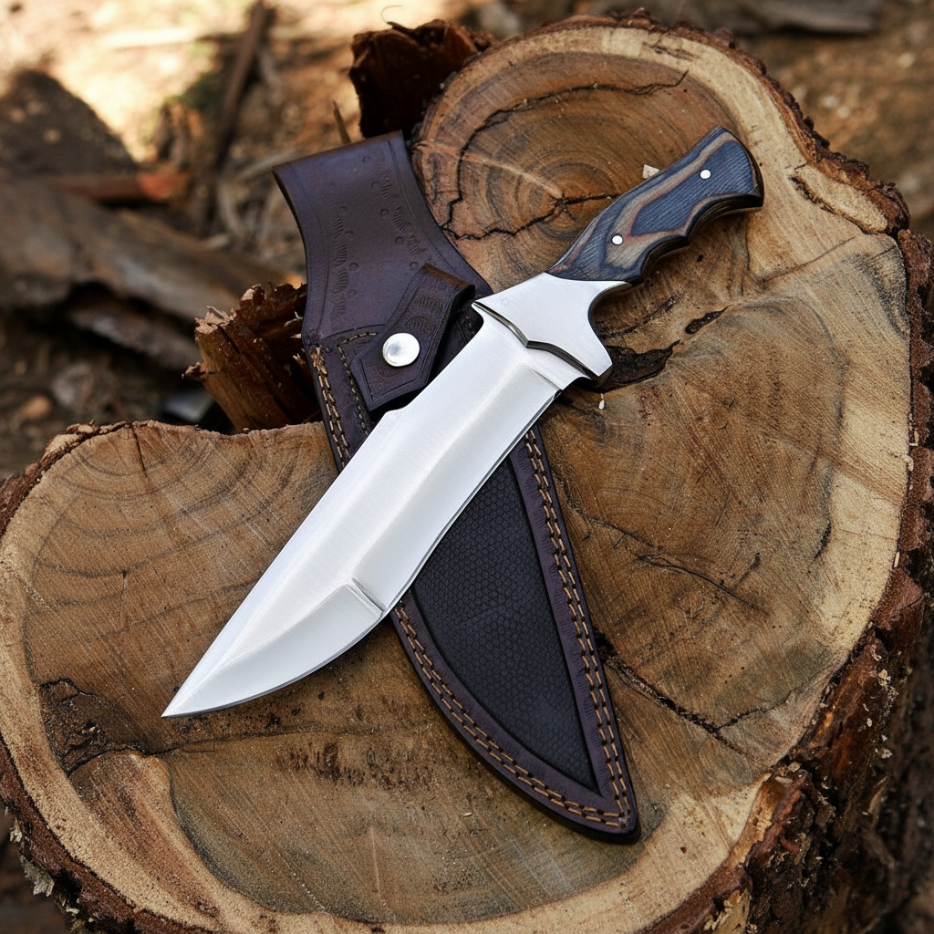 Handmade D2 steel fixed blade knife with hardwood handle displayed alongside genuine dark brown leather sheath