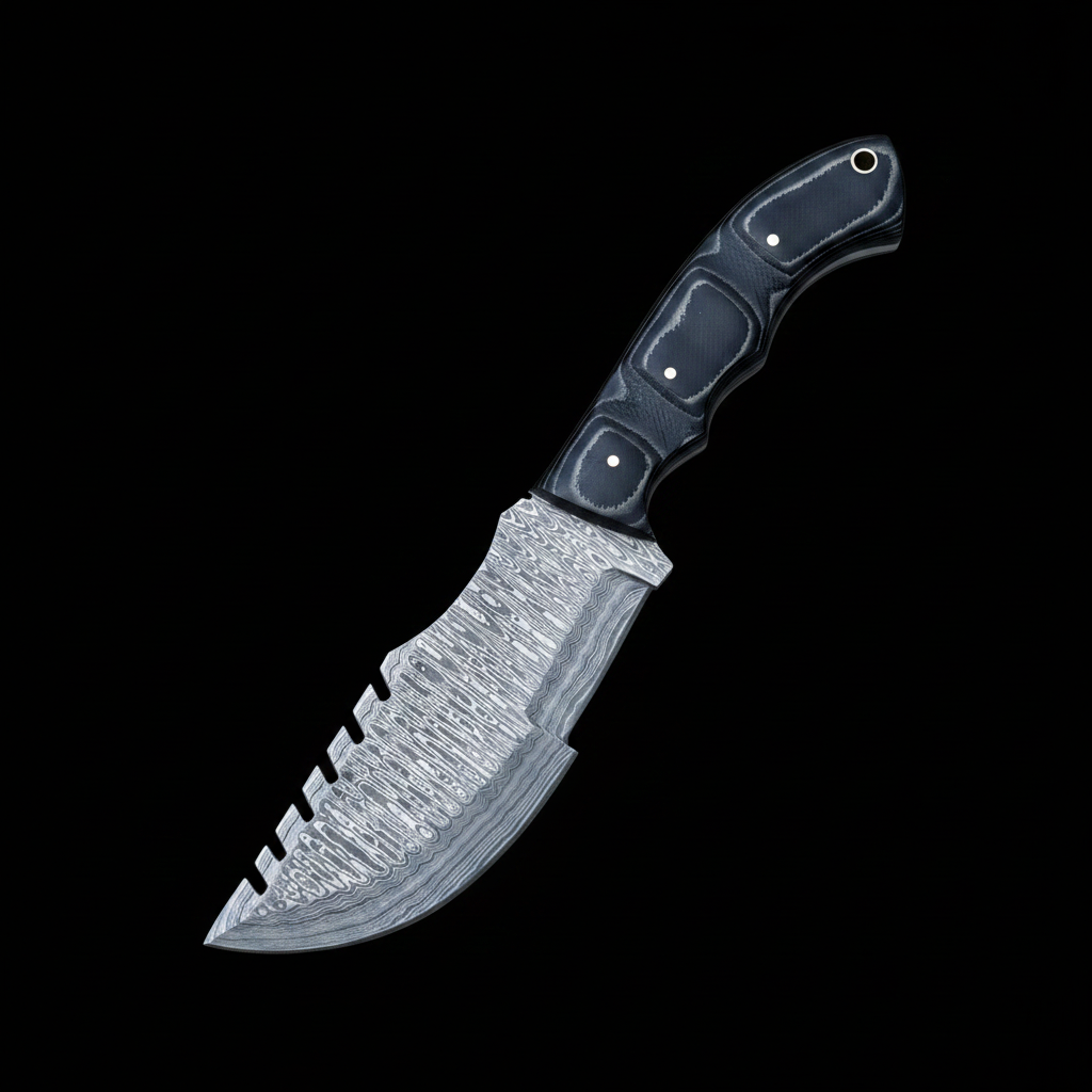 Damascus steel tracker knife with black micarta scales on pure black charcoal background studio shot