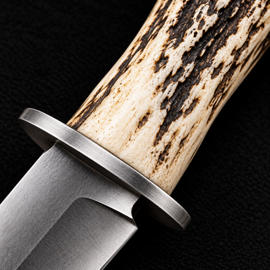 Extreme close-up of pale cream natural stag antler handle with steel crossguard on deep black charcoal background