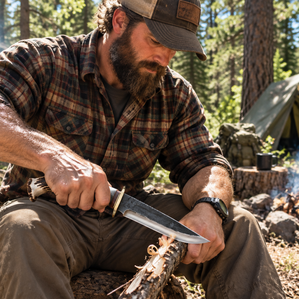 Rugged bearded outdoorsman looking down holding brut de forge carbon steel Bowie knife stag antler handle at sunny forest campsite