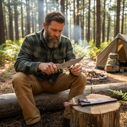 Bearded camper using a hand-forged Damascus tracker knife at a forest campsite