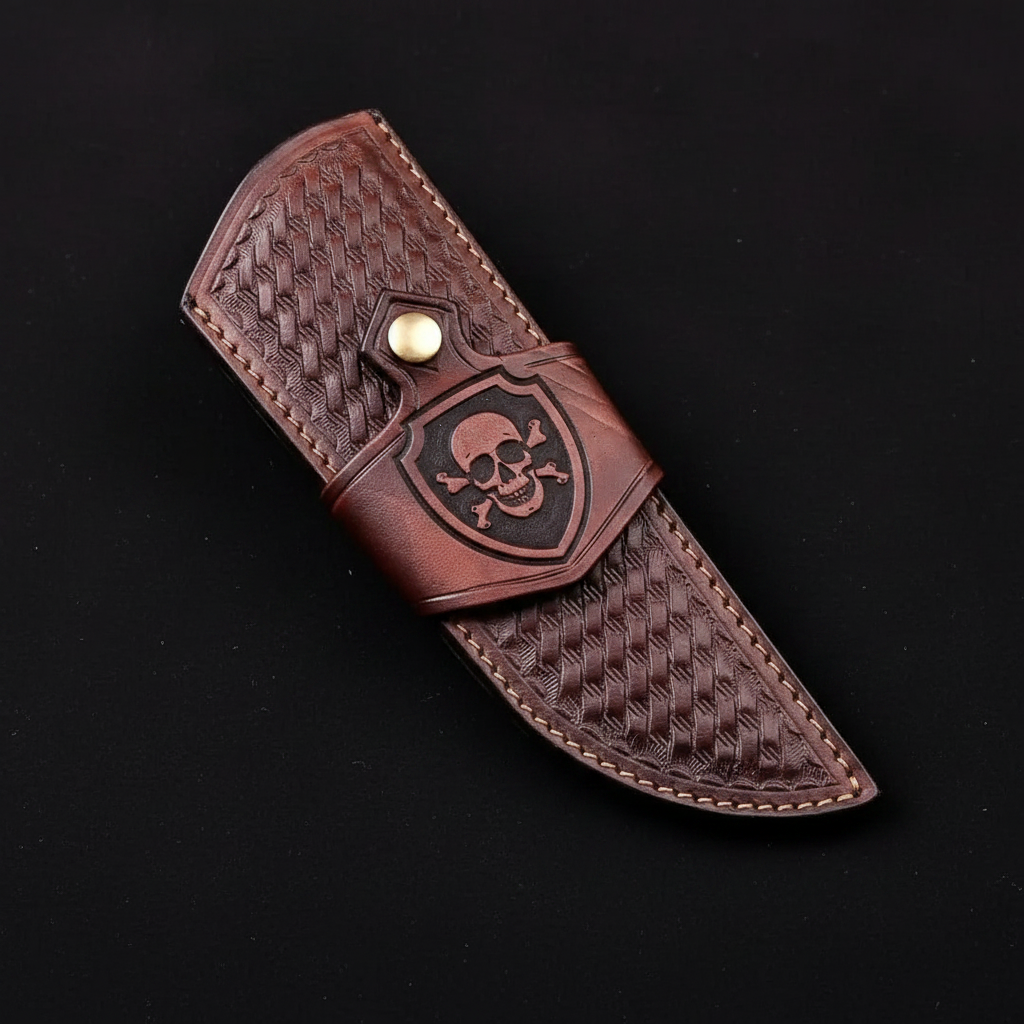 Close view of the genuine brown leather basketweave sheath with embossed skull shield and snap strap
