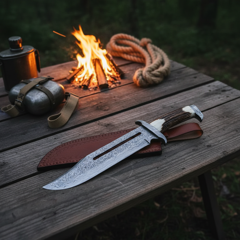 Handmade Damascus Bowie knife with antler handle on rustic camping table beside campfire gear and canteen