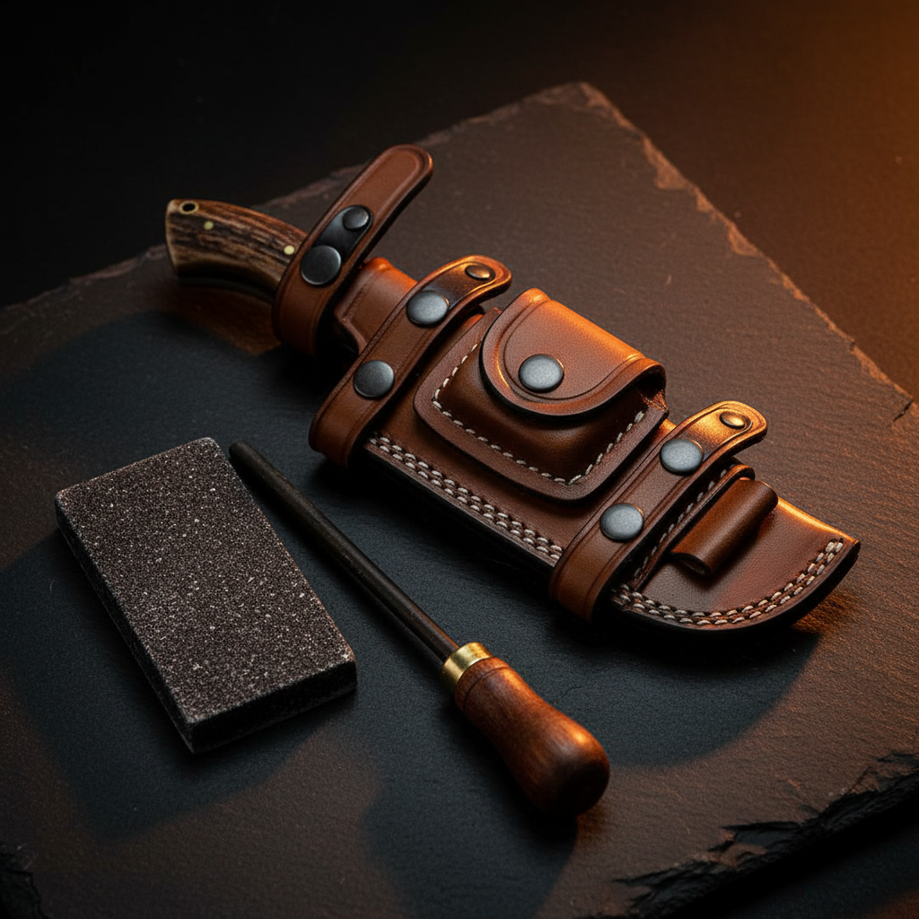 Premium leather tracker knife sheath with sharpening stone and firestarter rod in dark luxury cinematic editorial photography