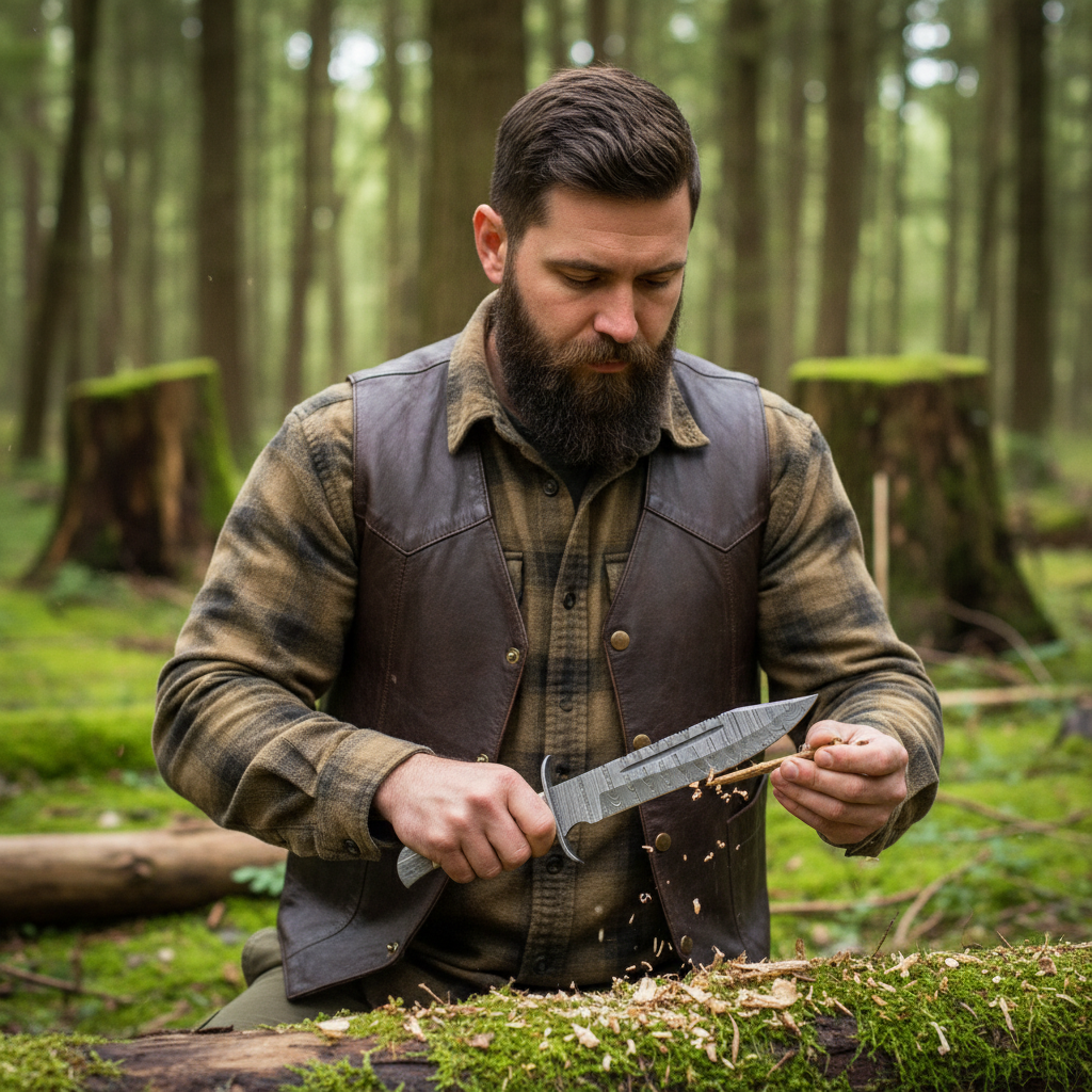 Bearded outdoorsman holding a Damascus Bowie knife during an active forest woodcraft scene