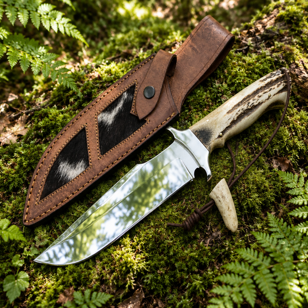 Handmade stainless steel Bowie knife and brown leather cowhide fur sheath resting on thick green forest moss natural outdoor setting