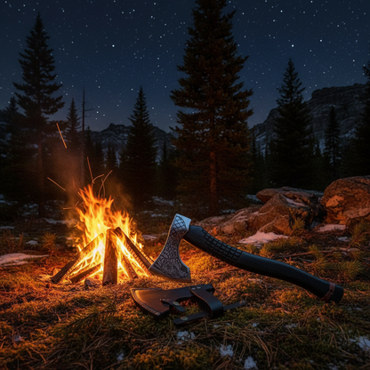 Handmade Viking warrior axe beside campfire at night, dramatic firelight