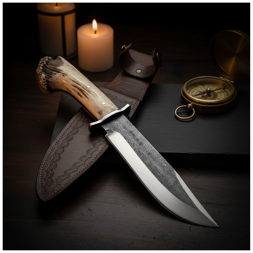 High carbon Bowie hunting knife and embossed dark brown leather sheath in a dark candlelit editorial setting