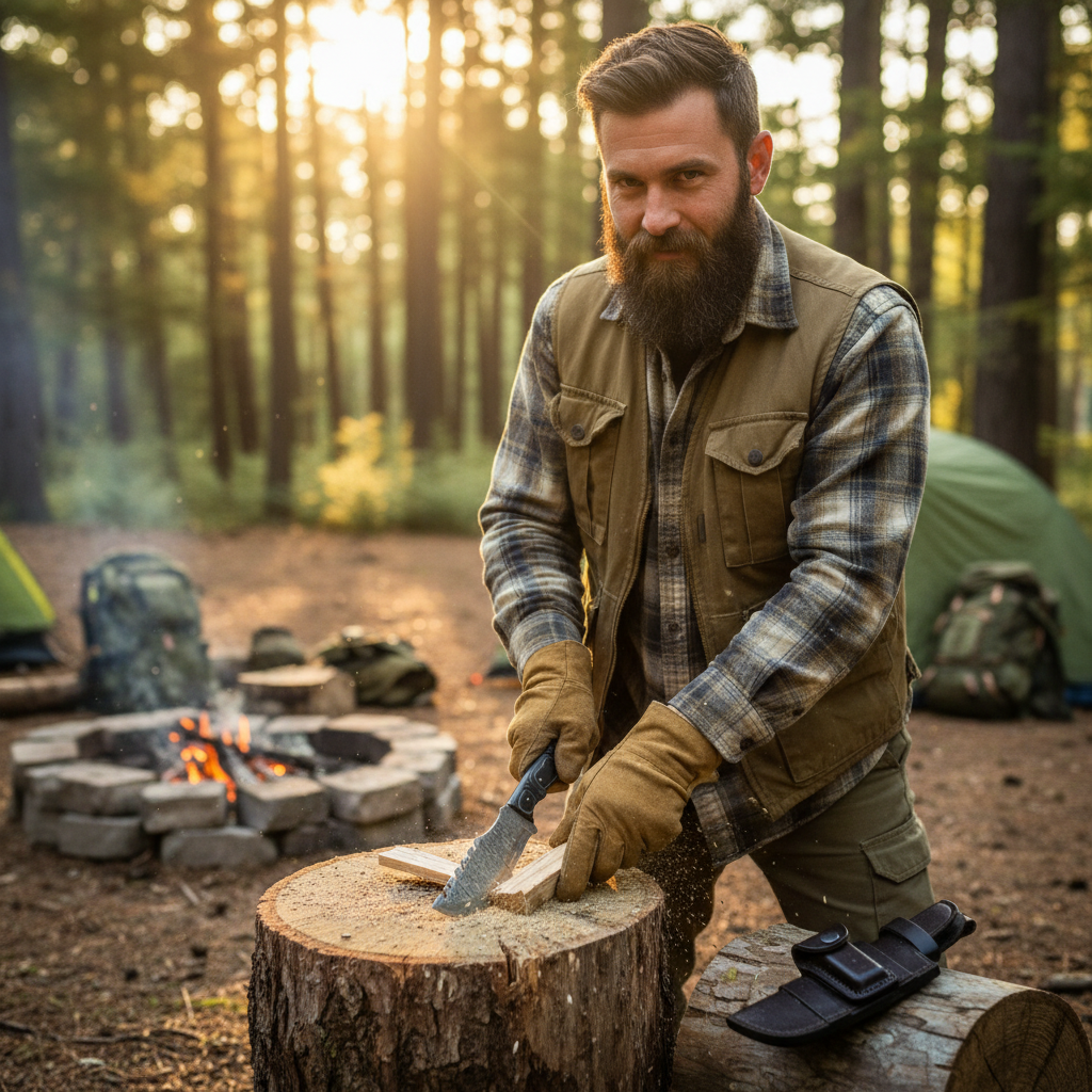 Rugged outdoorsman with Damascus tracker knife at bright outdoor campsite face clearly visible