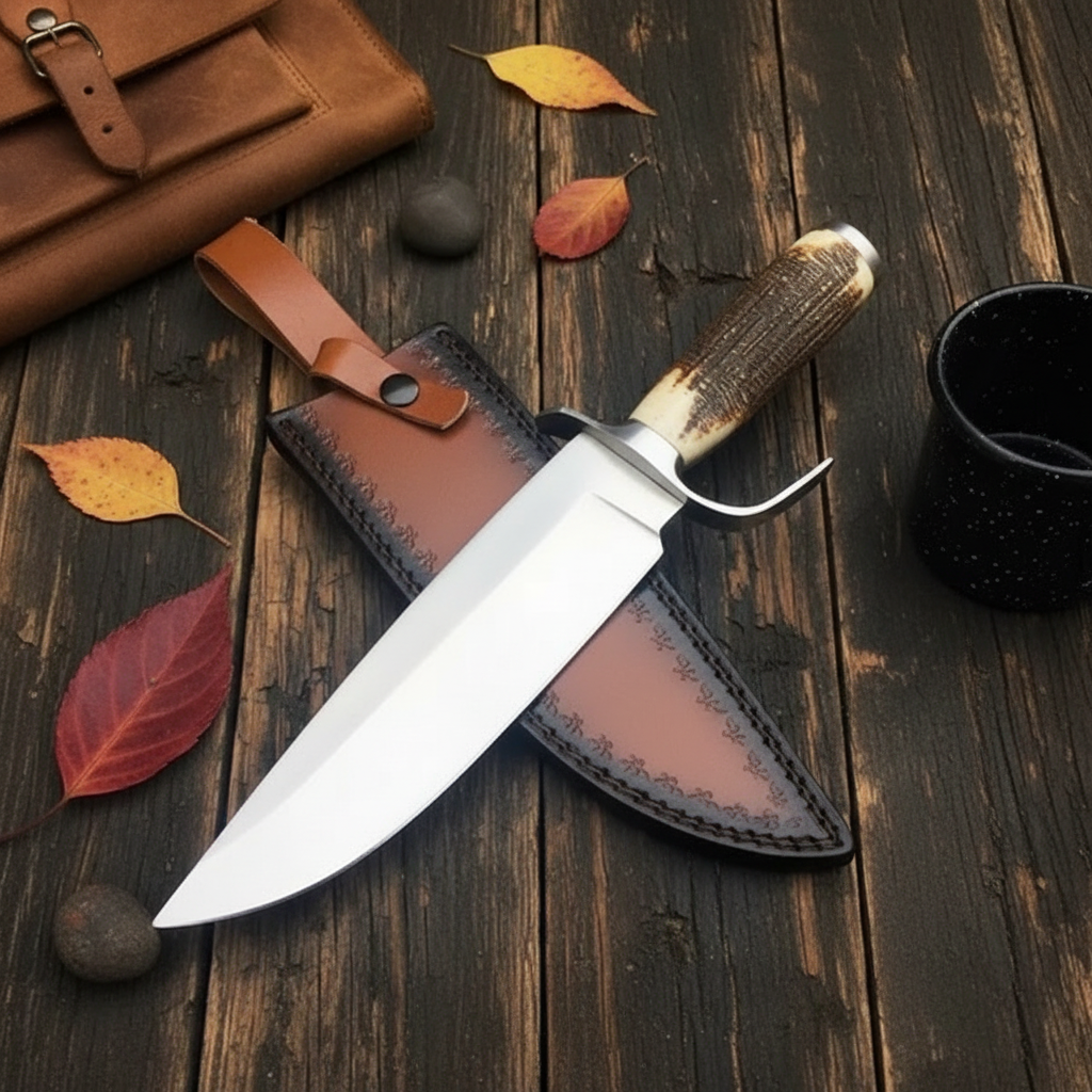 D2 Bowie knife with antler handle and leather sheath in a compact rustic camping still life