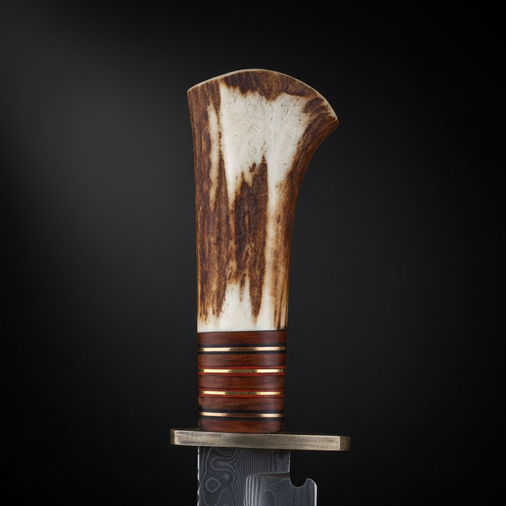 Close view of the natural stag antler handle with leather and wood spacers, brass rings, and metal guard