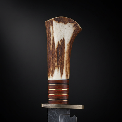 Close view of the natural stag antler handle with leather and wood spacers, brass rings, and metal guard