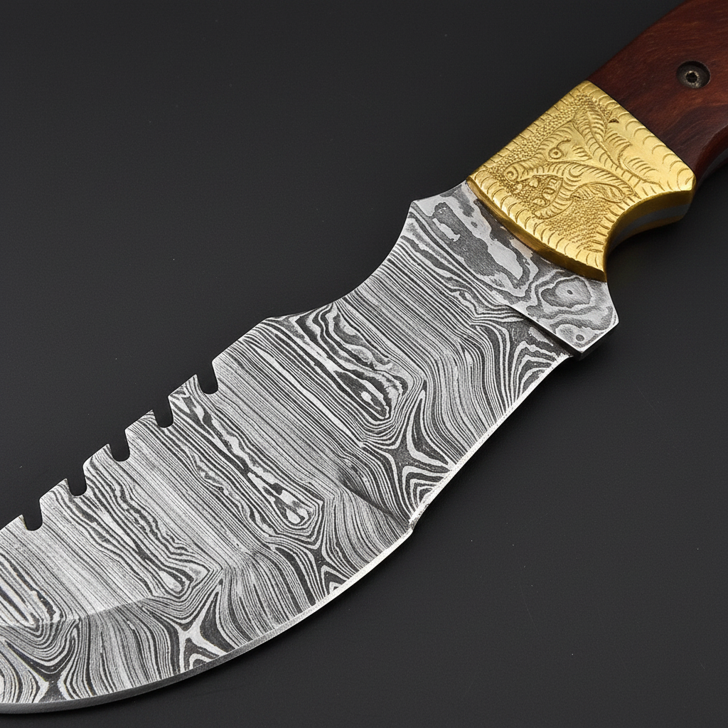 Close-up of the patterned Damascus steel tracker blade with engraved brass bolster on a black-charcoal background
