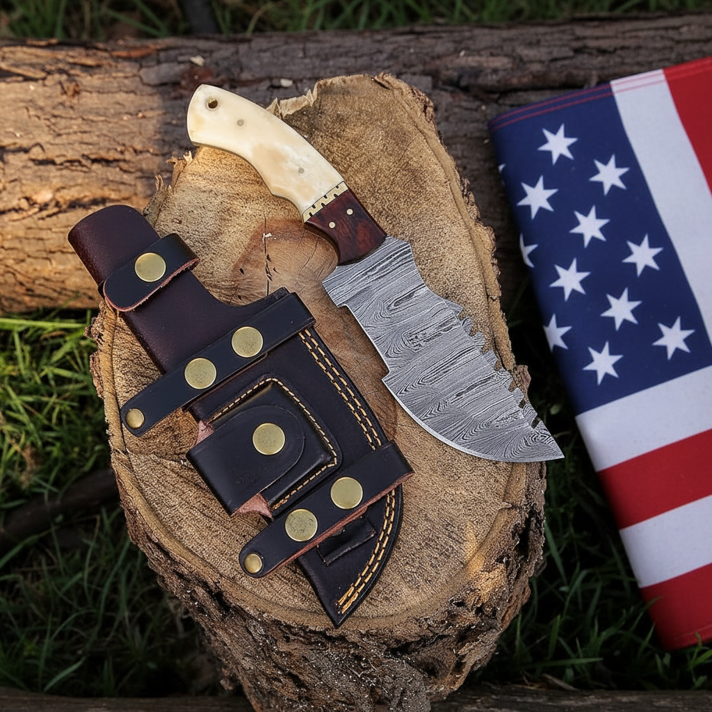 Damascus camel bone rosewood tracker knife on dark rustic wood surface with USA flag on right side