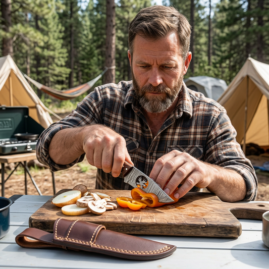 Man using deer cutout skinner for campsite food preparation