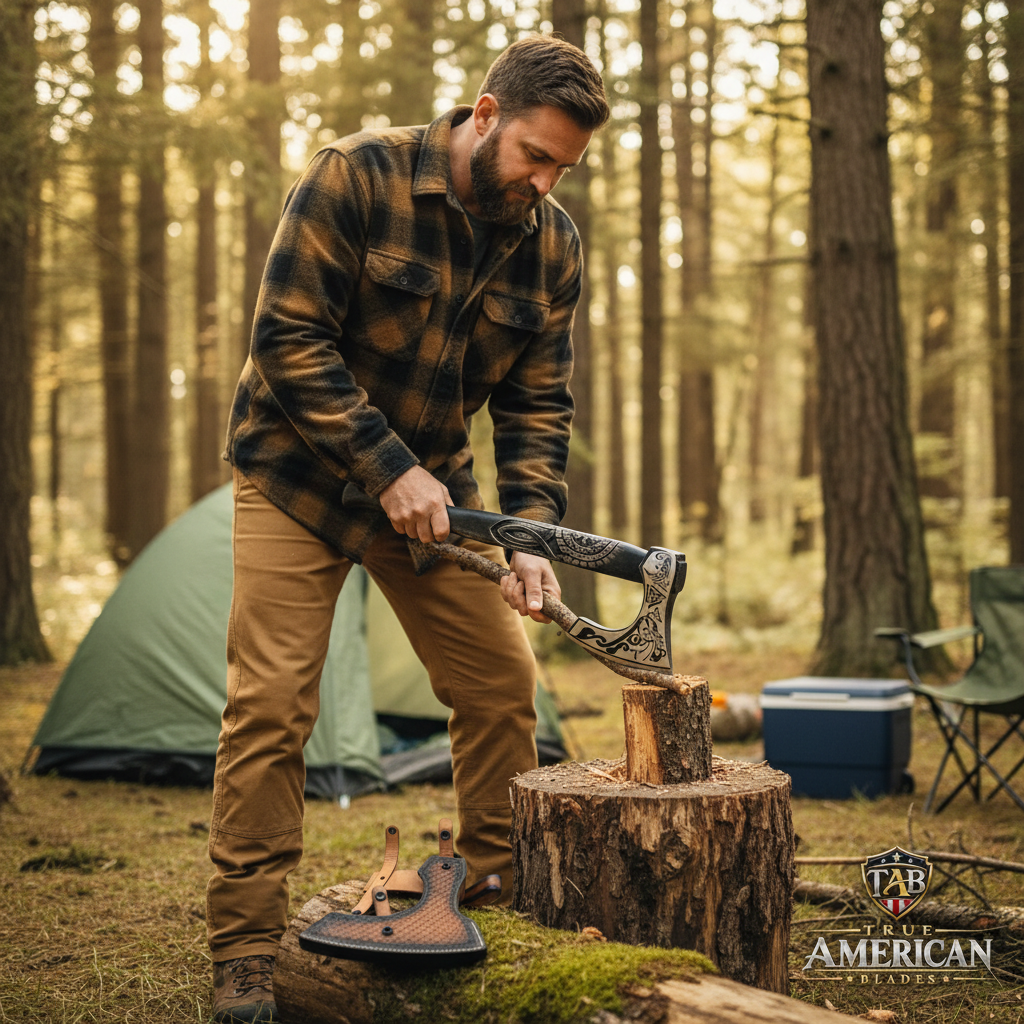 Bearded man safely using a black engraved axe on a small fallen branch at a forest campsite with its sheath nearby