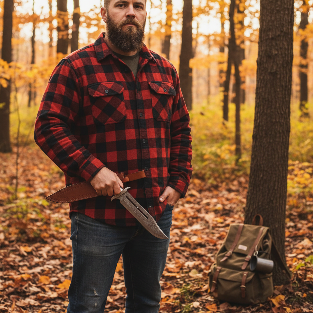 Man in flannel shirt holding handmade Damascus Bowie knife with antler handle in autumn forest hunting scene