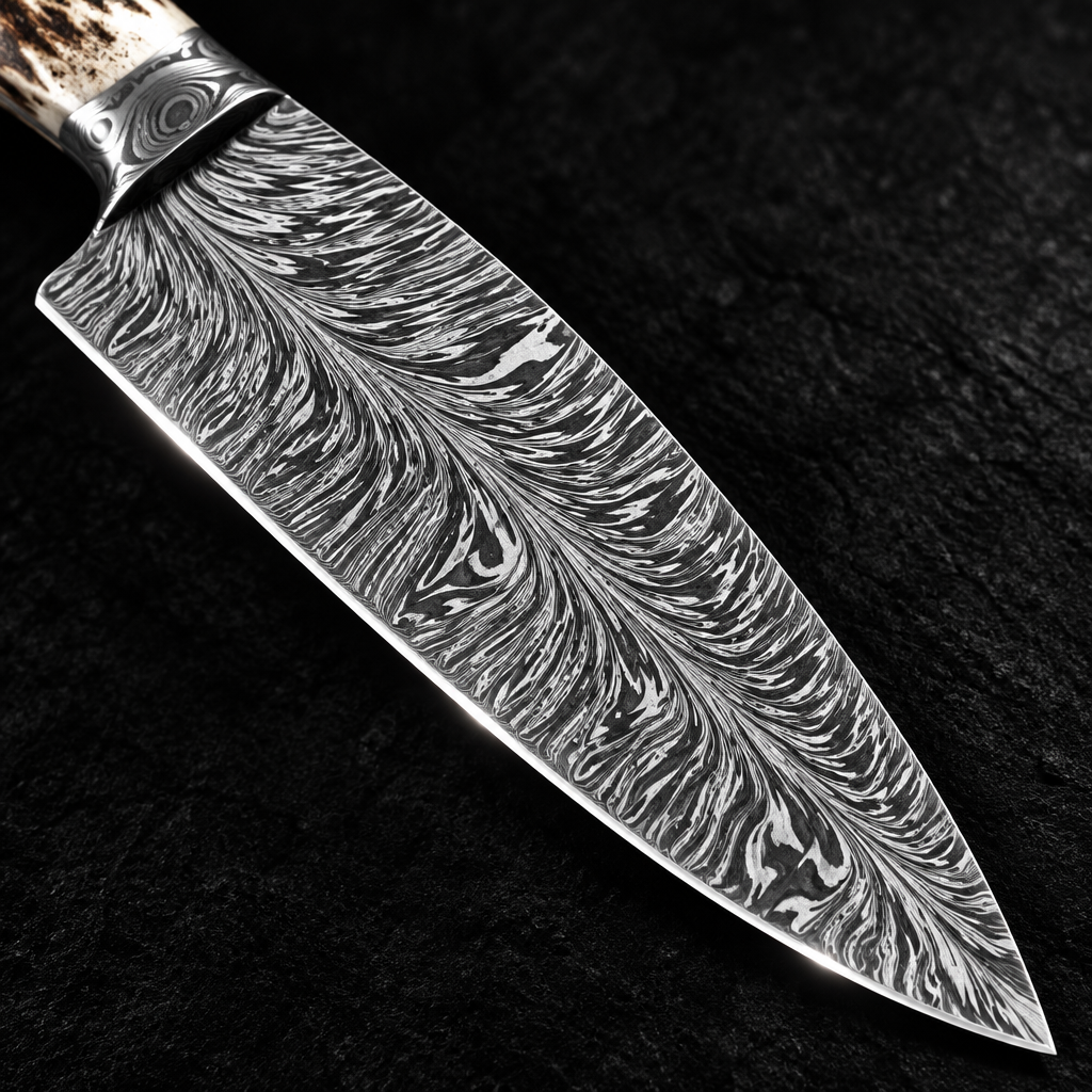 Extreme close-up of handmade feather pattern Damascus chef knife blade with Damascus guard on deep black charcoal background
