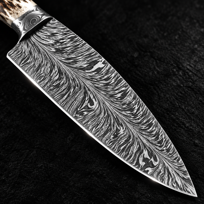 Extreme close-up of handmade feather pattern Damascus chef knife blade with Damascus guard on deep black charcoal background