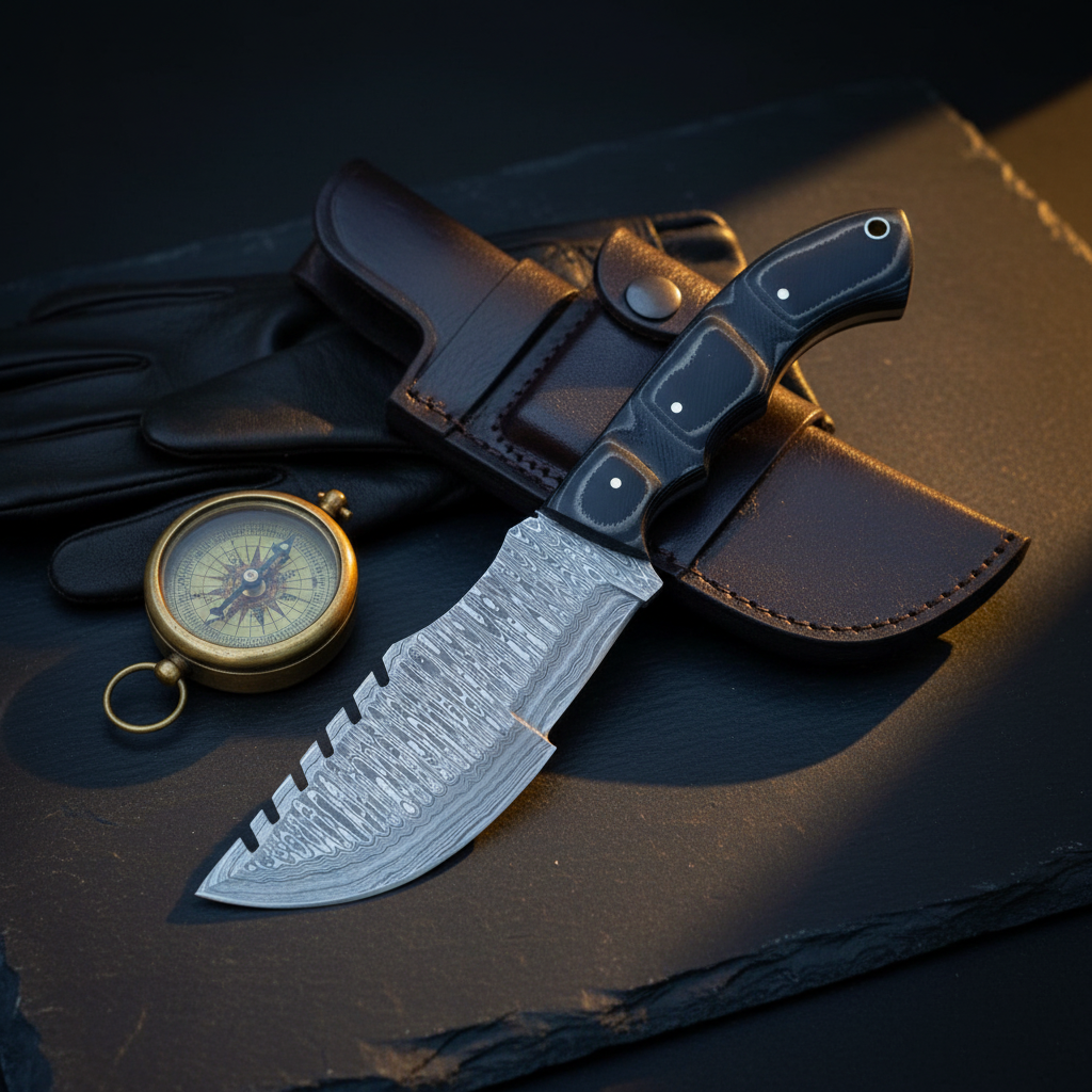 Damascus tracker knife with compass and leather gloves in dark cinematic luxury editorial product photography