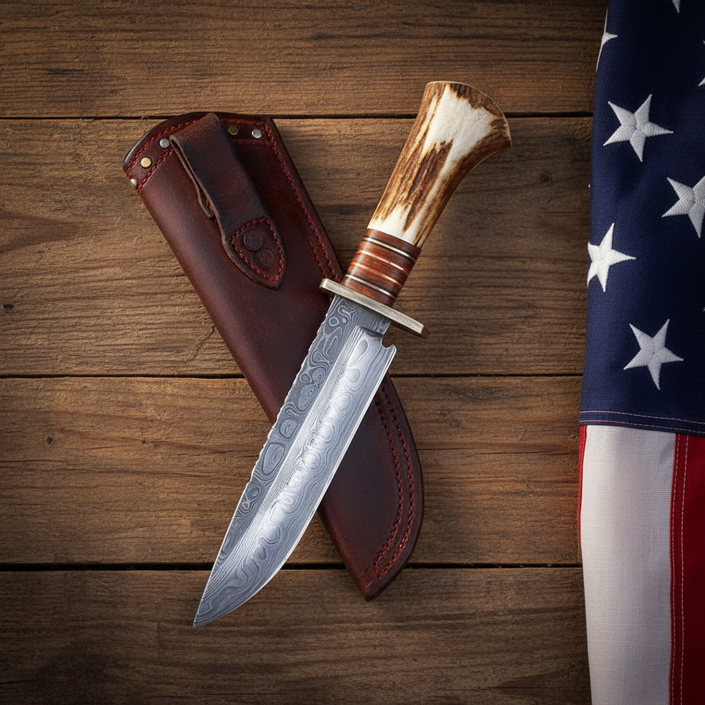 Handmade Damascus Bowie hunting knife with stag antler handle and dark brown leather sheath on rustic wood with an American flag