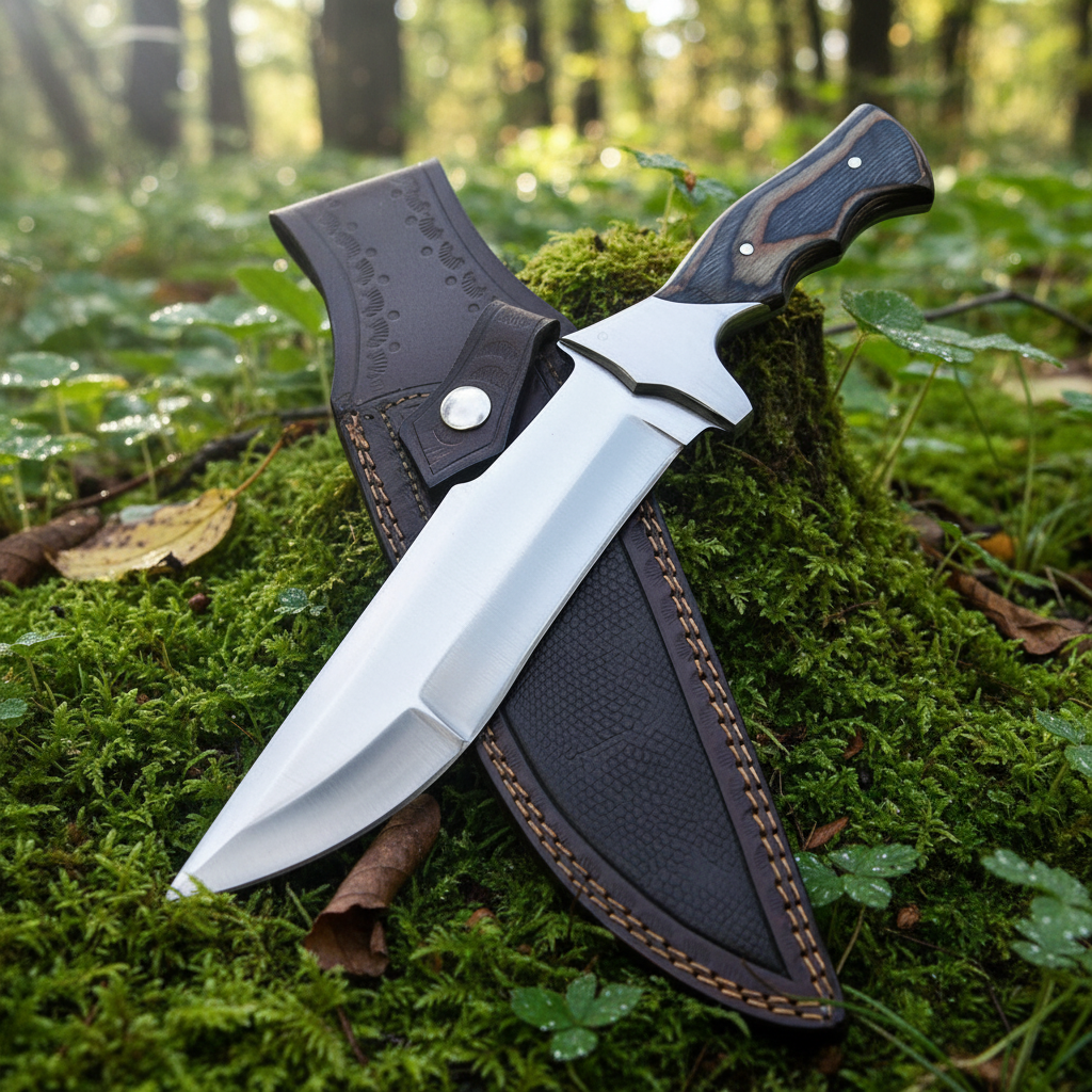 Premium D2 steel fixed blade knife with hardwood handle displayed on rustic outdoor wooden surface