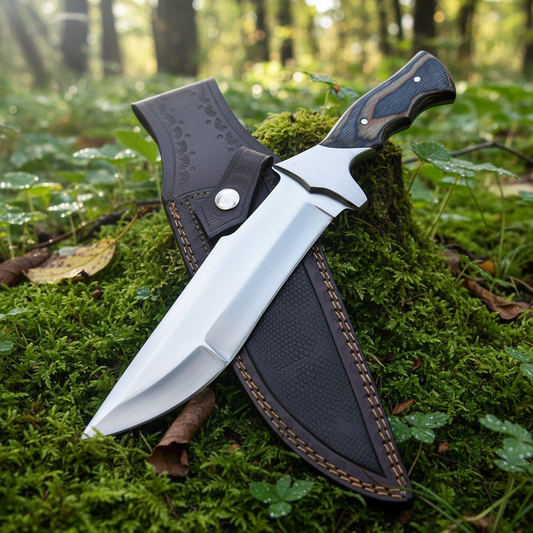 Premium D2 steel fixed blade knife with hardwood handle displayed on rustic outdoor wooden surface