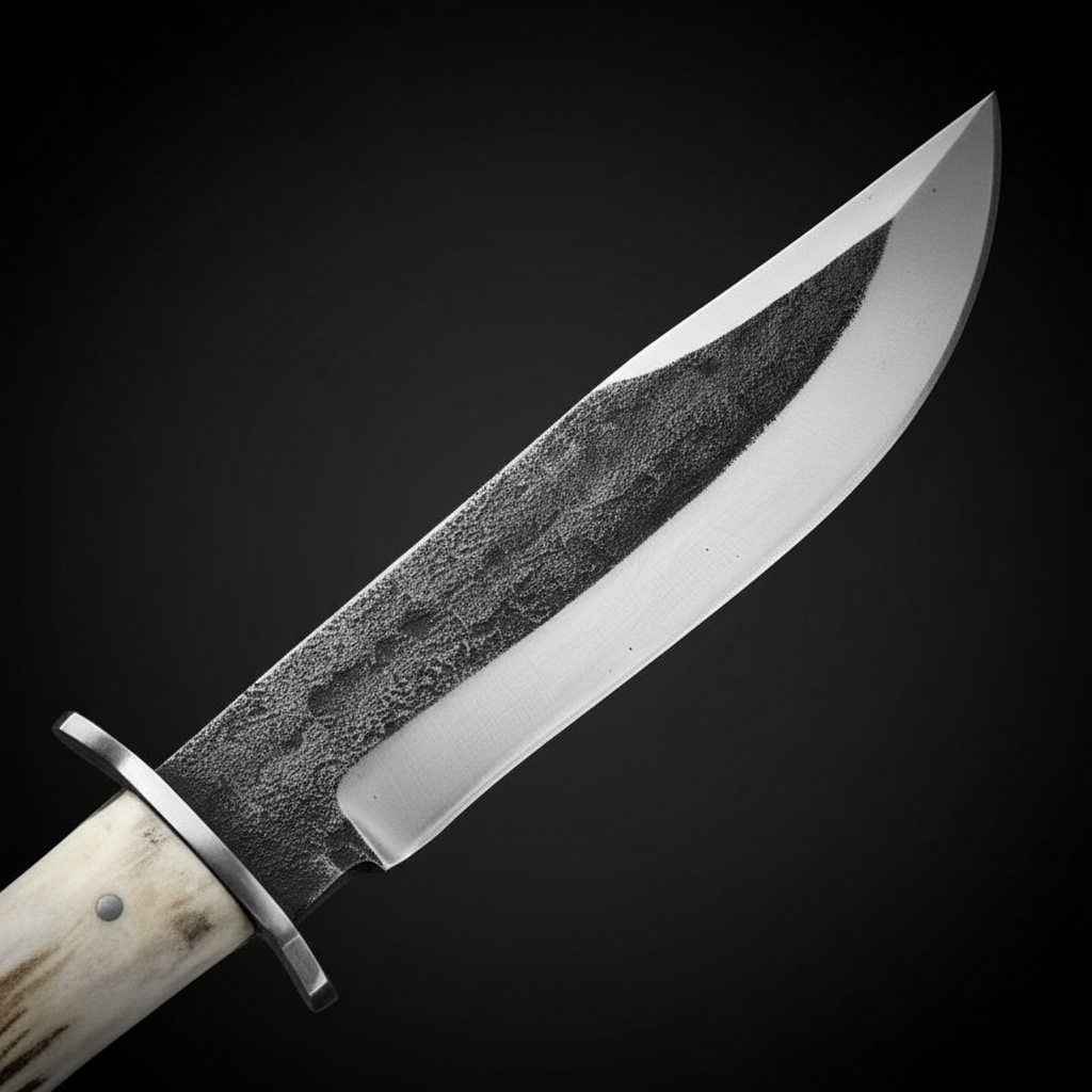 Close view of the two-tone Brut de Forge high carbon Bowie blade with satin bevel and stag antler handle
