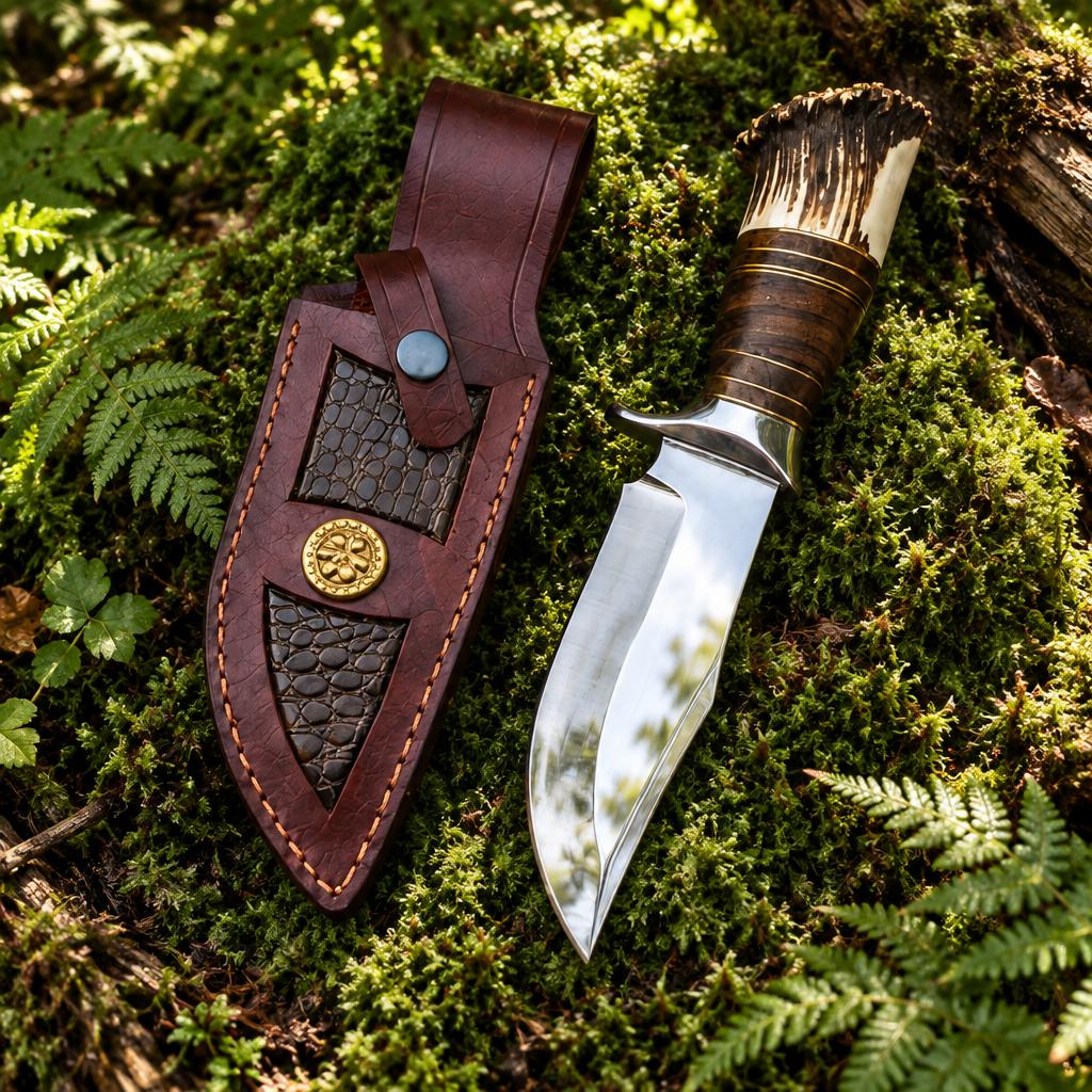 Handmade D2 steel hunting knife stacked leather handle and burgundy snake skin leather sheath on thick green forest moss natural outdoor
