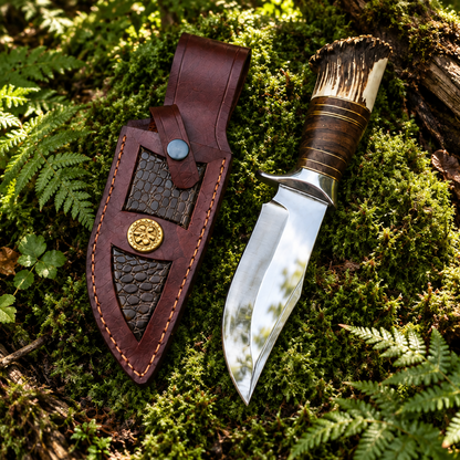 Handmade D2 steel hunting knife stacked leather handle and burgundy snake skin leather sheath on thick green forest moss natural outdoor