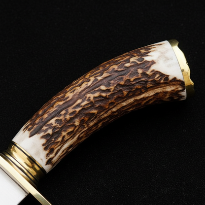 Extreme close-up of natural stag antler handle with brass bolster and collar rings on black charcoal background