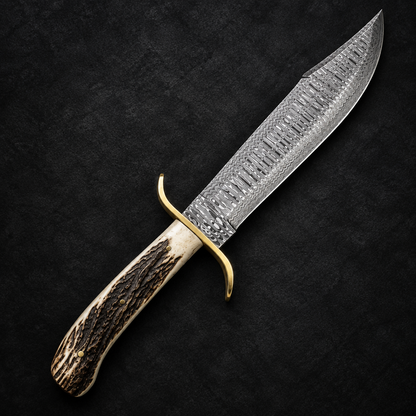 Custom handmade Damascus Bowie knife ladder pattern blade brass crossguard stag antler handle studio shot deep black charcoal background