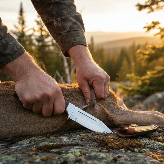 Hunter using handmade D2 steel skinner knife with stacked leather handle for field dressing game outdoors